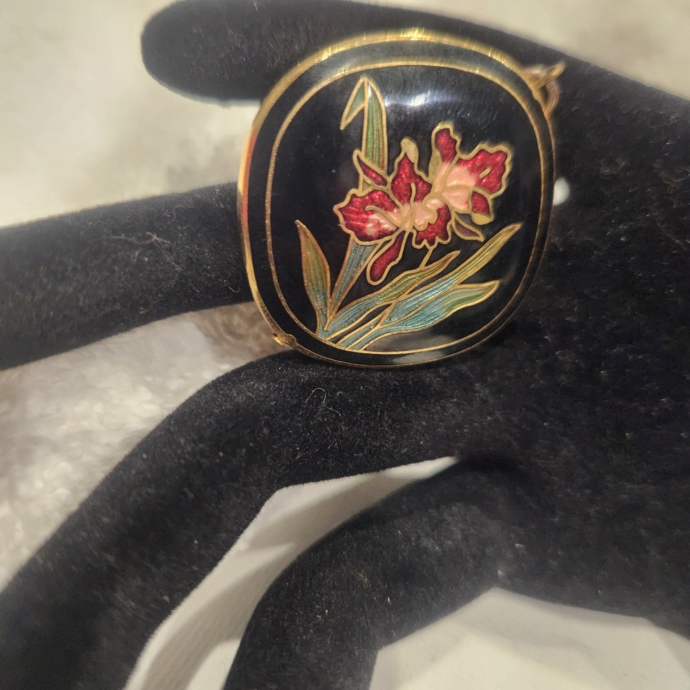 Vintage‎ Cloisonne Enamel Floral Orchid Pendant Black Gold Tone Square 1.25 Inch